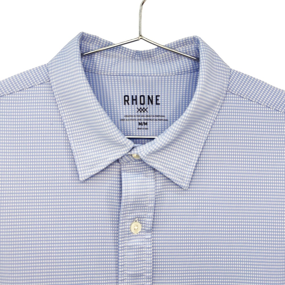 RHONE Gingham Check Long Sleeve Button Up Shirt • Medium • blue white stretch